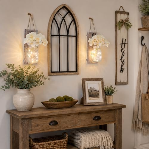 Rustic Mason Jar Sconces Wall Decor, Rustic Brown, Set of 2 - color: 11"H Brown + Hydrangea