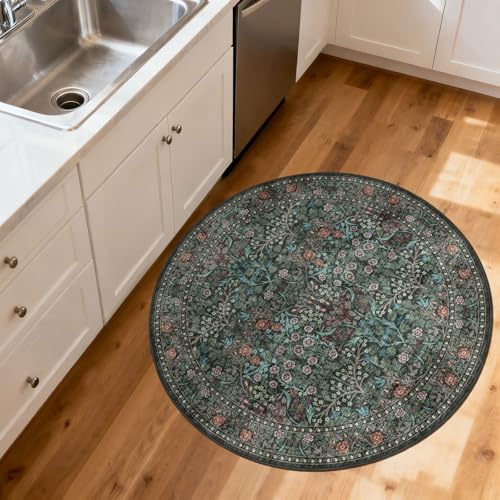 Entry Round Rug 3ft, Small Black Green Floral Round Bathroom Rug - color: Black / Multi, size: 3' (Round)