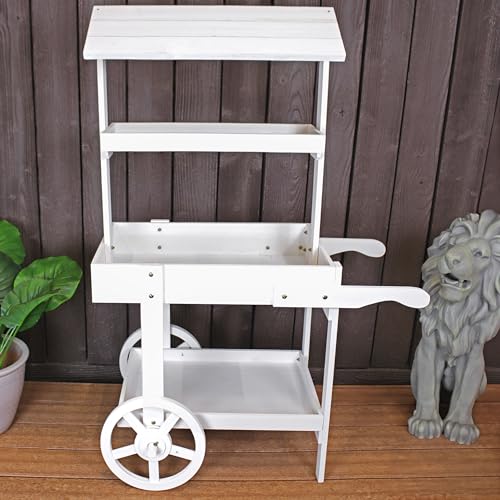 Sunnydaze Flower Cart Display Stand with Wheels, Fir Wood, 49” H, White - color: White