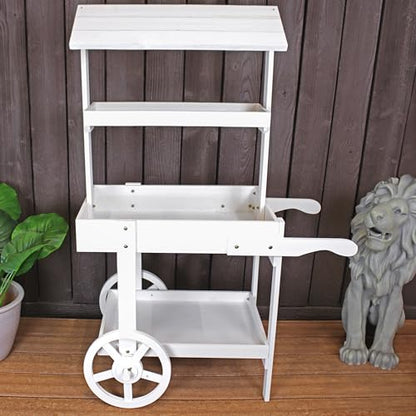 Sunnydaze Flower Cart Display Stand with Wheels, Fir Wood, 49” H, White - color: White