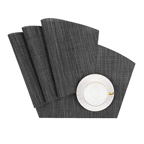 SHACOS Small Round Table Placemats Wedge Placemat Set of 4 Non Slip Heat Resistant Woven Vinyl Table Mats Wipe Clean Indoor Outdoor (4, Black Gray) - color: Black Gray