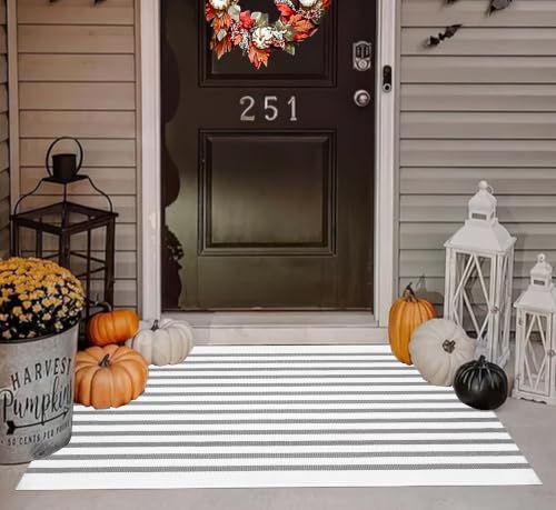 Striped Outdoor Porch Rug 27.5"x43",Grey and White Washable Doormat - color: Grey Striped, size: 2'4" x 3'7" (Rectangular)