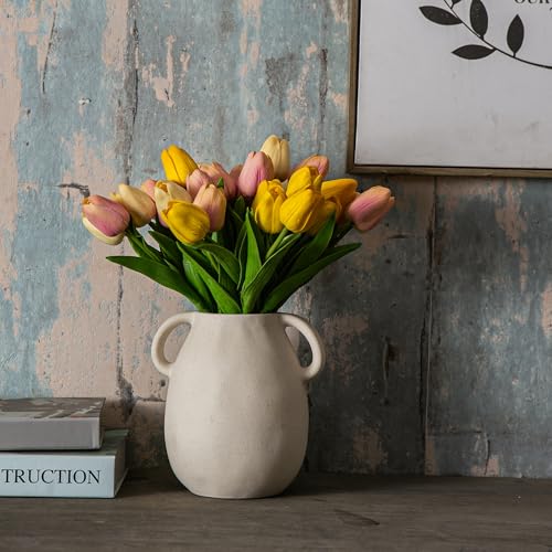 Tanvecle Beige Ceramic Vase with Handles, 7" Modern Farmhouse Decor - color: Beige