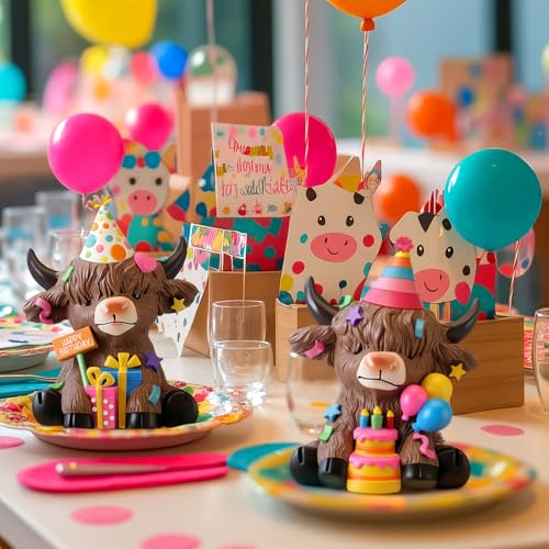 Karenhi 2 Pcs Highland Cow Figurines Resin Birthday Cake Topper Decor - style: Birthday