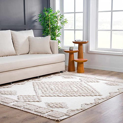 Hauteloom Thackeray Farmhouse Living Room Bedroom Modern Moroccan Medallion Runner Rug - Soft Shaggy High Low Carpet - High Pile - Bohemian, Boho - White, Beige, Cream - 2'7" x 7'3" - color: Cream / Rosales, size: 2'8" x 7'3" (Runner)