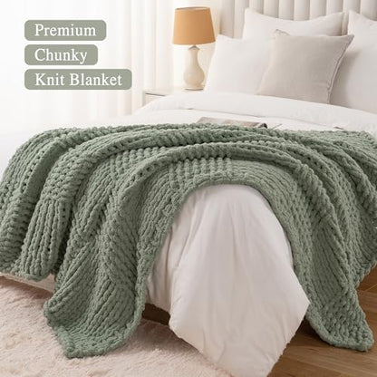 Chunky Knit Throw Blanket for Couch, Sage Green, 50"x60" - color: Sage Green
