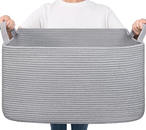 Goodpick Large Woven Rope Blanket Basket, Rectangle, Gray, 75L - color: Grey, size: Large(21.6"L x 14.9"W x 11.8"H)