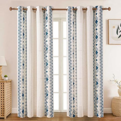 Blue Boho Sheer Linen Curtains 63 Inch for Living Room 2 Panels - color: Geometric-blue, size: 52"W x 63"L (Pack of 2)