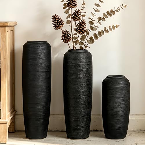 Black Rustic Ceramic Floor Vase, 15.7 Inch, Ribbed Texture - size: 15.7 Inch