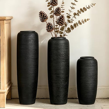 Black Rustic Ceramic Floor Vase, 15.7 Inch, Ribbed Texture - size: 15.7 Inch