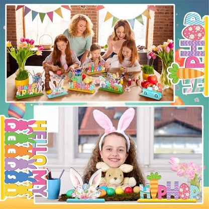 6 Pcs Easter Tabletop Decorations Easter Table Decor Tiered Tray Decorations Set Happy Bunny Egg Truck Wooden Signs Gnome Rustic Table Centerpiece for Home Spring Party - style: Bunny