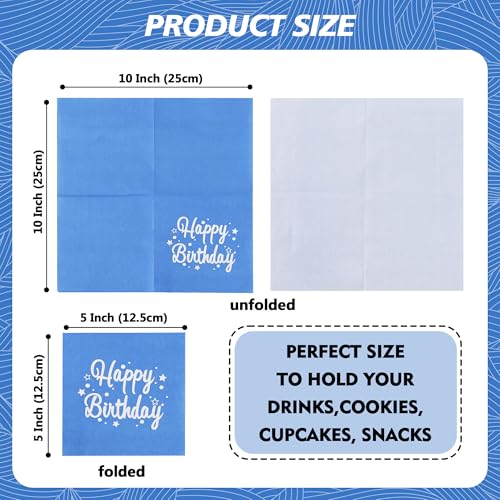 Vuzvuv 52 Pack Happy Birthday Cocktail Napkins Cursive Design - Birthday Party Dinner Hand Napkin with Silver Stampin for Party Supplies Decorations Table Decor(5" Folded 3 Ply- Blue) - color: Handwrite Blue