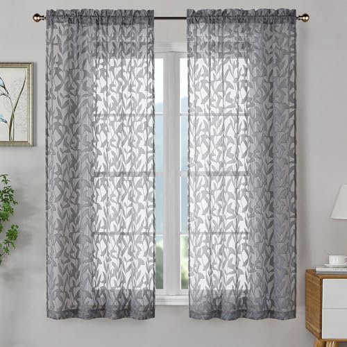 OWENIE Leyna 2 Panels Charcoal Gray Sheer Curtains 63 Inch Length for Bedroom, Soft Lightweight Jacquard Clip Window Curtain for Living Room, Double Rod Pockets Textured Drapes, Each 40Wx63L Inches - color: Charcoal Gray, size: 40"W x 63"L (Pack of 2)