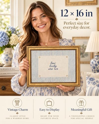 Vintage Gold Framed Wall Art, How Lucky Are We Quote Canvas, 12x16IN - color: blue, size: 16"L x 12"W
