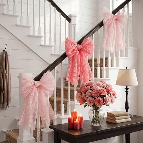 3 Pcs Large Shimmer Pleated Gauze Bows, 14 x 16 Inch Pink Glitter Mesh Bow Decorations for Coquette Room Decor, Aesthetic Wall Decor for Wedding, Graduation, Birthday Backdrop, DIY Kit - color: 14" X 16" Pink Bows, 3 Pcs