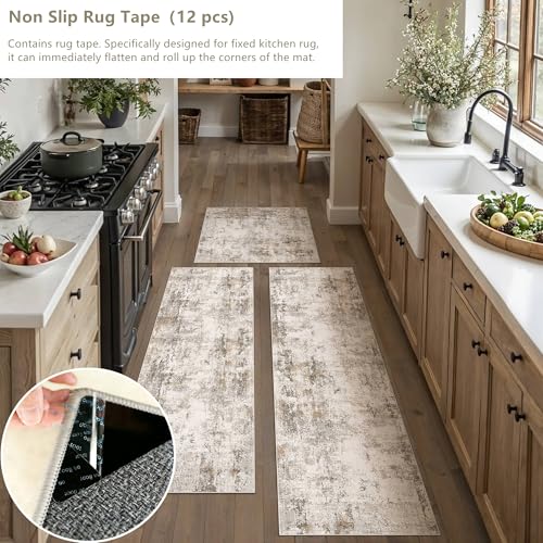 Washable Brown Grey Neutral Kitchen Runner Rug Set of 3 - color: Abstract | Brown Grey, size: 20"x32"+20"x48"+20"x59"