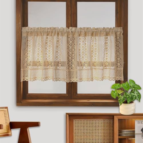 Retro Crochet Curtain Valance for Kitchen Boho Curtain Tier for Small Window Rod Pocket Farmhouse Light Filtering Short Curtain for Living Room Cabinet 1 Panel 39" W x 24" L - size: 39"W x 24"L (Pack of 1)