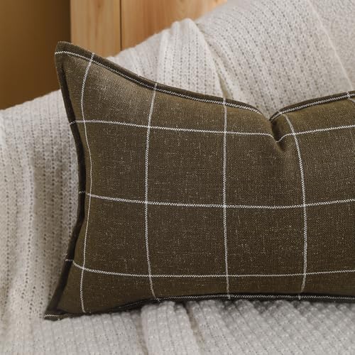 Pure Linen Plaid Throw Pillow Covers 12x20, Set of 2, Khaki - color: Khaki, size: 12x20inch