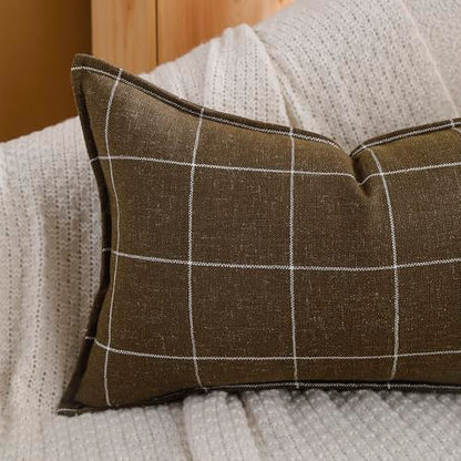 Pure Linen Plaid Throw Pillow Covers 12x20, Set of 2, Khaki - color: Khaki, size: 12x20inch