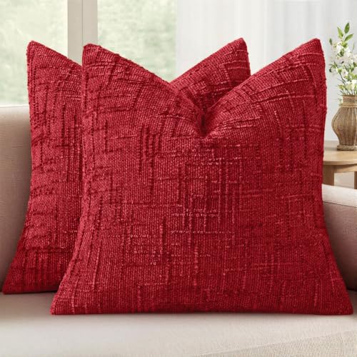 MIULEE Chenille Textured Throw Pillow Covers Red 16x16 Set of 2 - color: Red, size: 16" x 16" (Pack of 2)