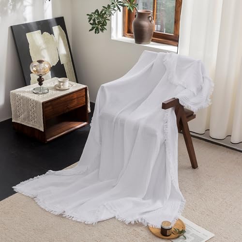 FOSSA Muslin Blanket 4-Layer 100% Cotton Gauze Blanket with Fringe 66"x90" - color: Bright White, size: Twin XL (66" × 90")