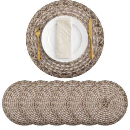 fanquare Natural 15" Round Burlap Placemats for Dining Table, Set of 6 Jute Woven Table Mats with Braided Wave Rim, Heat Resistant Rustic Boho Chargers - color: Brown