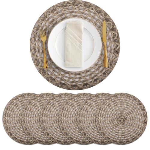 fanquare Natural 15" Round Burlap Placemats for Dining Table, Set of 6 Jute Woven Table Mats with Braided Wave Rim, Heat Resistant Rustic Boho Chargers - color: Brown