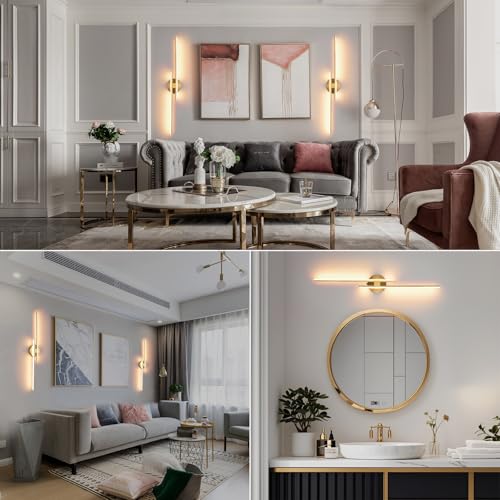 Battery Operated Wall Sconce Set of 2,Gold 31.4" 3000K-6500K LED Dimmable Wall Sconces with Remote Control,Wireless Wall Light USB Rechargeable for Bedroom Hallway Living Room Background Wall Lighting - color: Gold, size: 31.4" 2-Pack