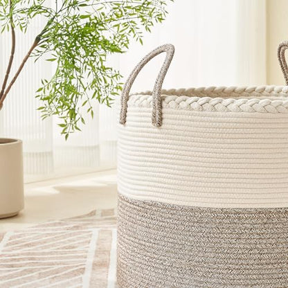 KAKAMAY Large Blanket Basket (18"x18"x16"),Woven Baby Laundry Hamper for Storage, Cotton Rope Blankets Baskets for Nursery, Laundry, Living Room, Pillows, Baby Toy chest with Handles (White/Beige) - color: Beige