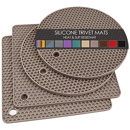 Silicone Trivets for Hot Dishes, 4 PCS Multipurpose Heat Resistant Mat Thick Silicone Hot Pads Pot Holders for Kitchen Counter, Flexible Jar Opener Food Grade Spoon Holder, Silicone Coasters (Almond) - color: 01 Almond, size: 7x7in