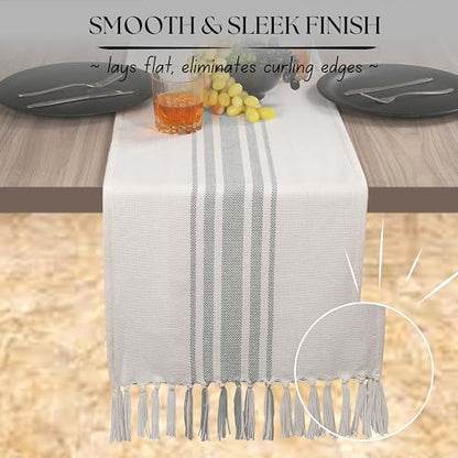 Native Fab Gray Stripe Table Runner - 108 Inches Long Boho Table Covers with Tassels - 100% Cotton, Tight Weave, Non Slip Tablerunner for Dining, Kitchen, Wedding, 14"x108" - Light Grey & White - color: Ash (Light) Grey White, size: 14x108