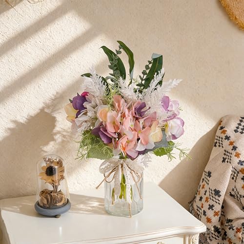 Fake Flowers with Vase, Artificial Pink & Purple Hydrangea Arrangement - color: Purple & Green