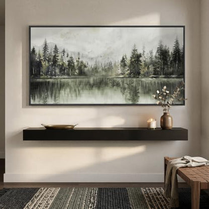 Framed Pine Tree Forest Lake Landscape Wall Art for Living Room, 60x30 Inch - color: Gray Green