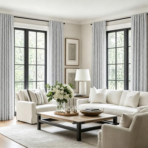 Silver Grey and White Curtains 96 Inches Long for Living Room Dining 2 Panel Back Tab Loop Pocket Decorative Drape Forest Branch Nature Design Light Filtering Gray Sheer Curtain Neutral Farmhouse 8 FT - color: Silver Grey, size: 52"W x 96"L (Pack of 2)