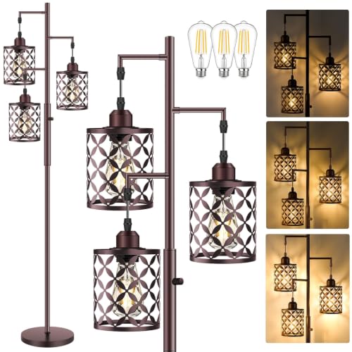 72" Industrial Tree Floor Lamp, Dimmable Farmhouse Tall Standing Lamp with Quatrefoil Cutout Shades & Rotary Dimmer Knob, Corner Light for Living Room Bedroom, 3 x800LM Bulbs Included-Brown - color: Oil-Rubbed Bronze (800LM), size: 72"