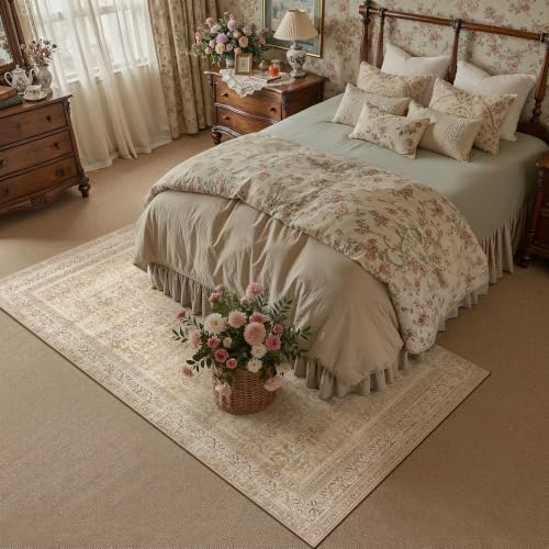 5x7 Beige Neutral Retro Area Rug - color: Retro | Beige, size: 5' x 7' (Rectangular)