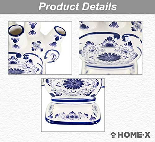 Home-X Ceramic Flower Vase – 6-Port Bud Ivory Vase – Unique Decorative Flower vase for Living Room, Bedroom, Kitchen, or Office (White & Blue)
