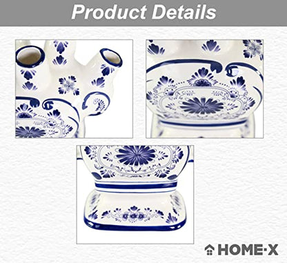 Home-X Ceramic Flower Vase – 6-Port Bud Ivory Vase – Unique Decorative Flower vase for Living Room, Bedroom, Kitchen, or Office (White & Blue)