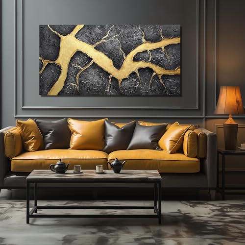 DNIEOTU Hand Painted Abstract Wall Art for Living Room, Black and Gold Canvas Wall-Decor for Bedroom, 3D Textured Paintings for Hallway Office, Large Size 59 x 29 Inches - color: ABSTRACT-55[P], size: 58"L x 29"W