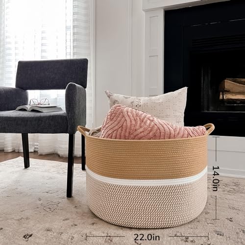 CHICVITA XXL Cotton Rope Woven Blanket Basket with Handles, Brown & White - color: Brown and White