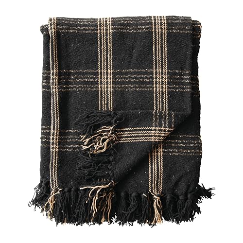 Plaid Black & Tan Fringed Woven Cotton Blend Throw (Pack of 4) - color: Black, size: (Pack of 4)