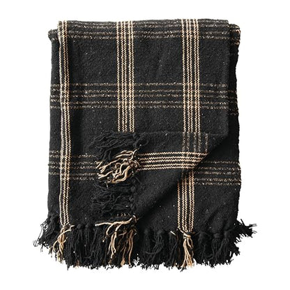 Plaid Black & Tan Fringed Woven Cotton Blend Throw (Pack of 4) - color: Black, size: (Pack of 4)