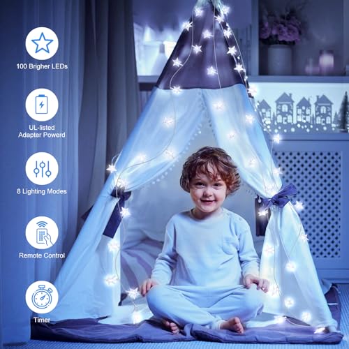 Star String Lights Plug in - 33 ft 100 LED Star Fairy String Lights with Remote and Timer, 8 Modes Waterproof for Bedroom Tent Loft Bed Window Backyard Patio Porch Balcony Staircase Party, White - color: Star - White - 33 FT