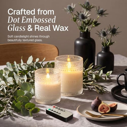 White Dotted Glass Real Wax Flameless Battery-Operated LED Pillar Candles - color: White