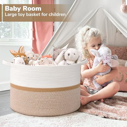CHICVITA XXL Cotton Rope Woven Blanket Basket with Handles, White & Brown - color: White and Brown