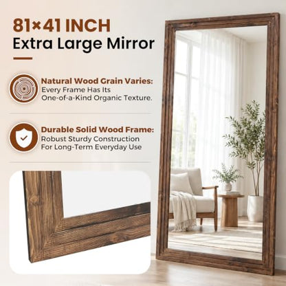 81x41in Full Length Mirror, 3-Tier Stepped Solid Wood Frame, Brown - color: Brown, size: 81"L x 41"W