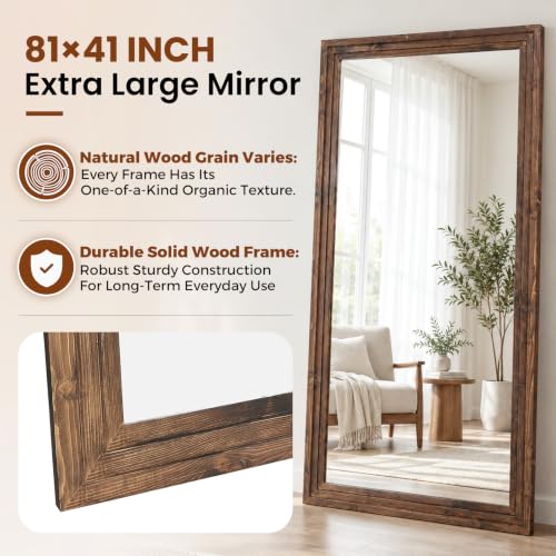 81x41in Full Length Mirror, 3-Tier Stepped Solid Wood Frame, Brown - color: Brown, size: 81"L x 41"W