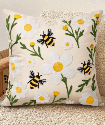 Embroidered Throw Pillow Cover 18x18 Inch, Flower Bee - color: Flower Bee, size: 18" x 18" (Pack of 1)