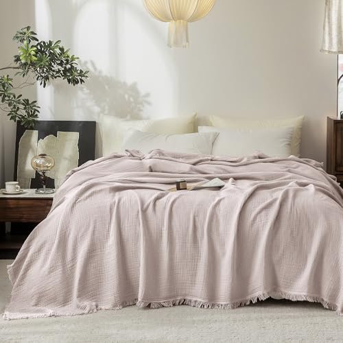 FOSSA Muslin Blanket 4-Layer 100% Cotton Gauze Blanket with Fringe 90"x90" - color: Greyish Pink, size: Queen (90" × 90")