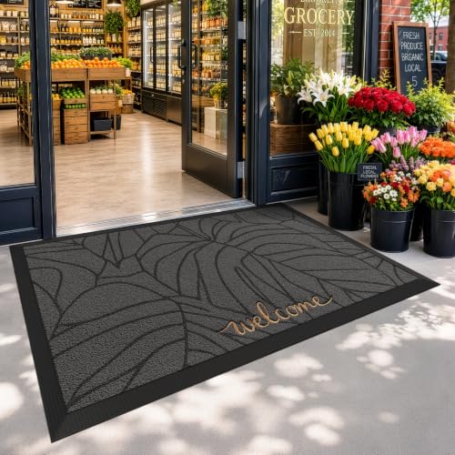 LUMI Outside Welcome Door Mat 32x47, Non-Slip Heavy Duty Dirt Trapper, Grey - color: Grey Gold Monstera, size: 32"x47"